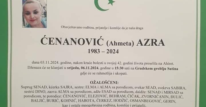 Stolac tuguje: U 42. godini života na bolji svijet preselila je naša Stočanka Azra Ćenanović