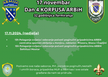 U nedjelju obilježavanje 32. godišnjice formiranja 4. korpusa Armije RBiH