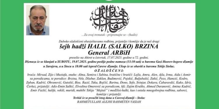 Oproštaj od generala Halila Brzine – heroja odbrane i duhovnog vođe