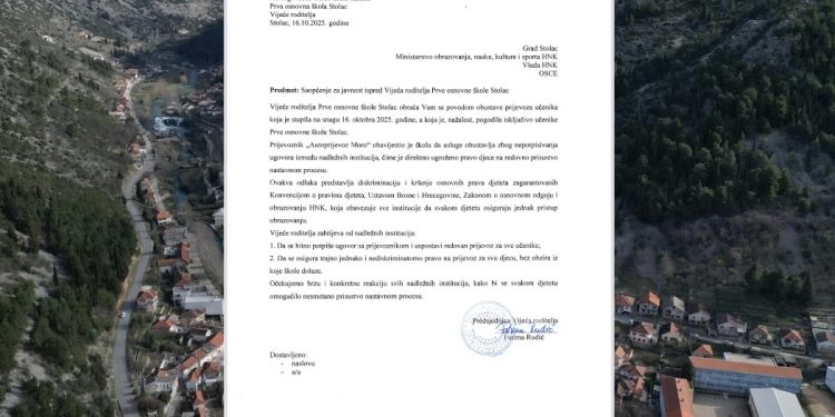 VIJEĆE RODITELJA PRVE OSNOVNE ŠKOLE STOLAC: DISKRIMINACIJA U PREVOZU UČENIKA – TRAŽIMO HITNU REAKCIJU NADLEŽNIH