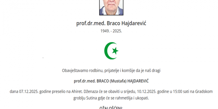 Preminuo poznati mostarski ljekar i hirurg Braco Hajdarević