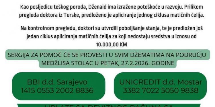 POMOĆ ZA LIJEČENJE DŽENAIDA ĐONE – SERGIJA U STOCU