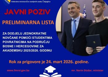 PRELIMINARNA LISTA za dodjelu jednokratne novčane pomoći studentima povratnicima na području Bosne i Hercegovine za akademsku 2025/2026 godinu