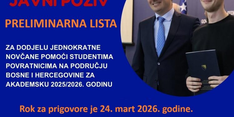PRELIMINARNA LISTA za dodjelu jednokratne novčane pomoći studentima povratnicima na području Bosne i Hercegovine za akademsku 2025/2026 godinu