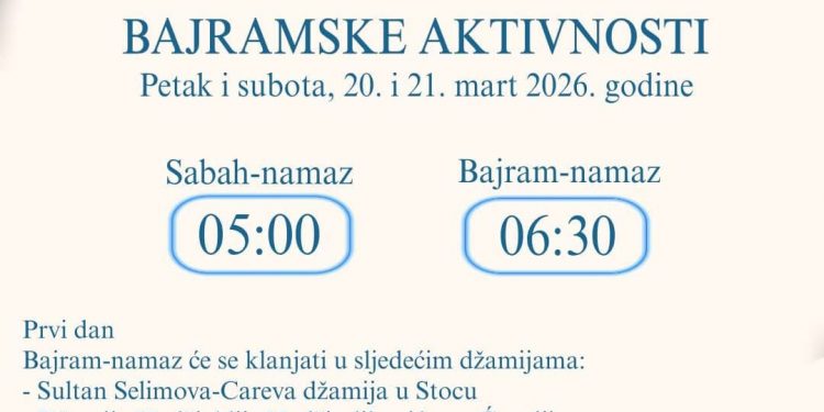 BAJRAMSKE AKTIVNOSTI U STOCU: Poznati termini namaza i program obilježavanja Dana šehida